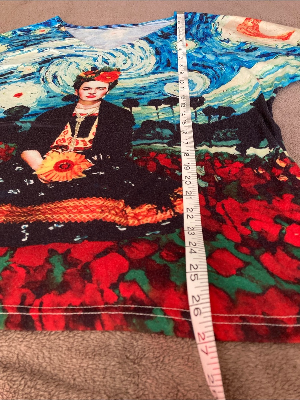 Frida Kahlo and Starry Night V-Neck Women’s T-shirt in Blue and Red - Picture 6 of 7